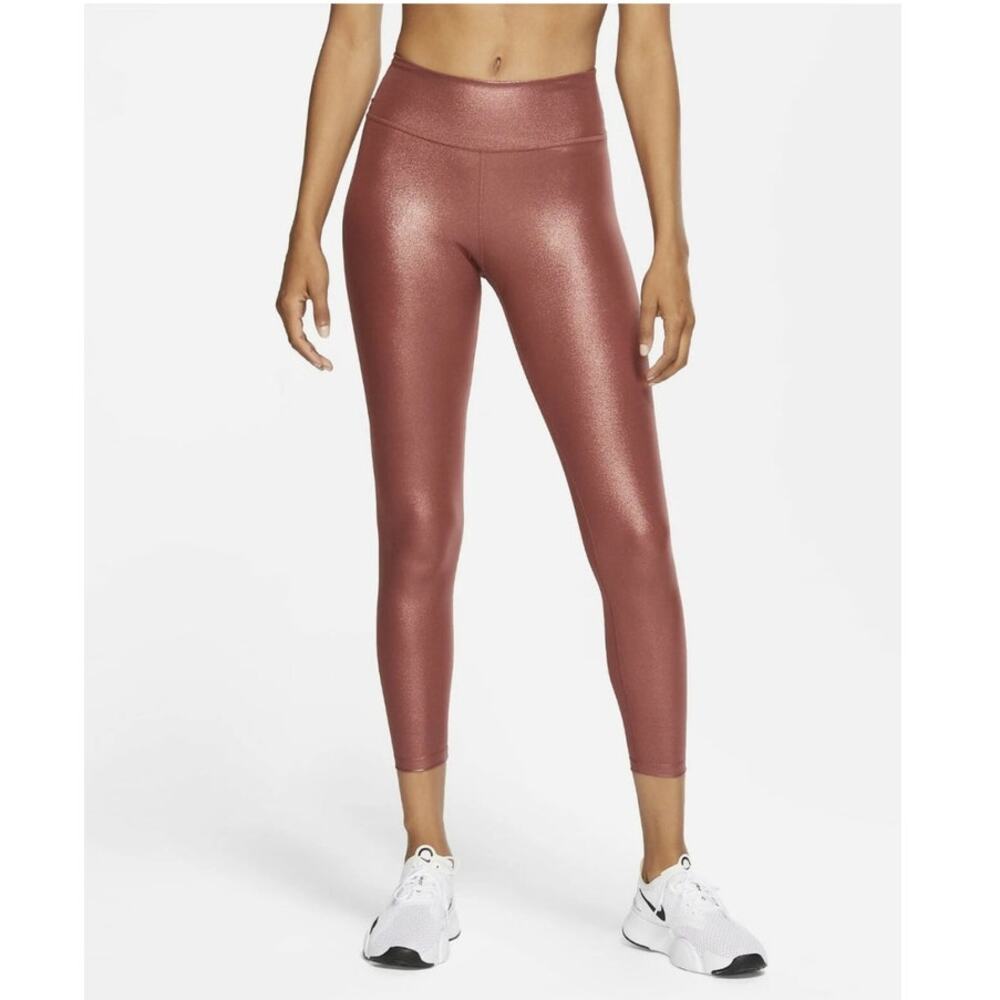 Nike Womens One Icon Clash Mid‎ Rise 7/8 Shimmer Leggings Pink Bronze Metallic M
